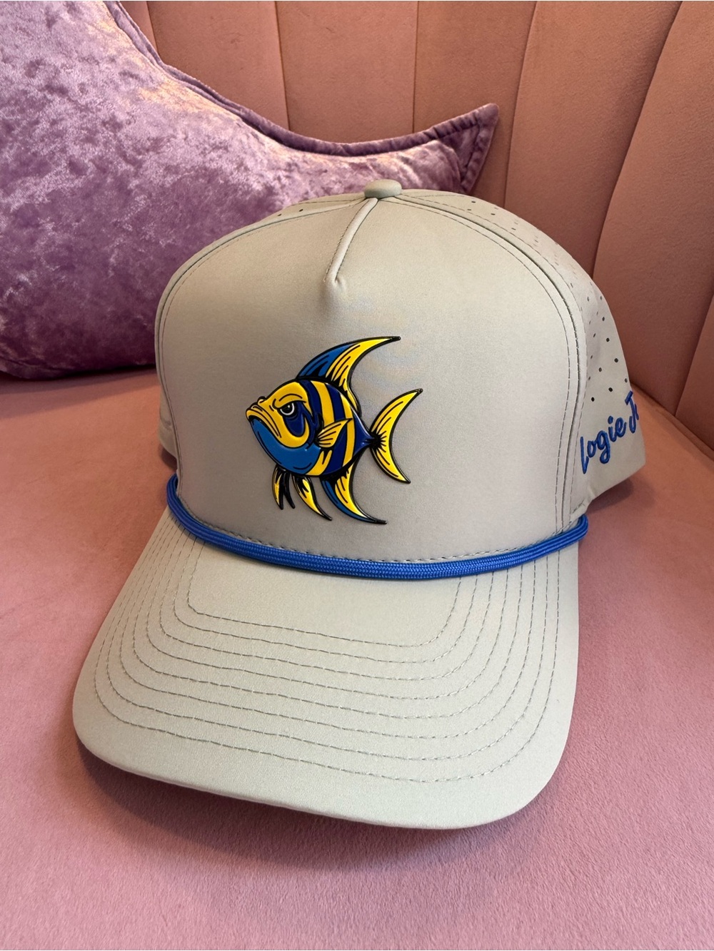 Beige Trucker Hat with Yellow & Blue Fish Emblem